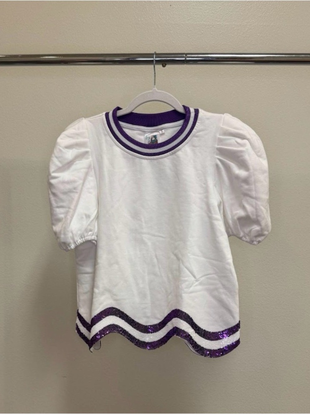 QUEEN OF SPARKLES White Top with Purple Trim & Sequin Hem